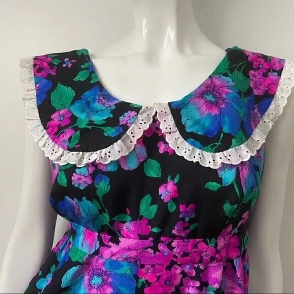 VINTAGE Made in Hawaii  Floral Sleeveless Eyelet Ruffle Trim Maxi Dress - Picture 7 of 13